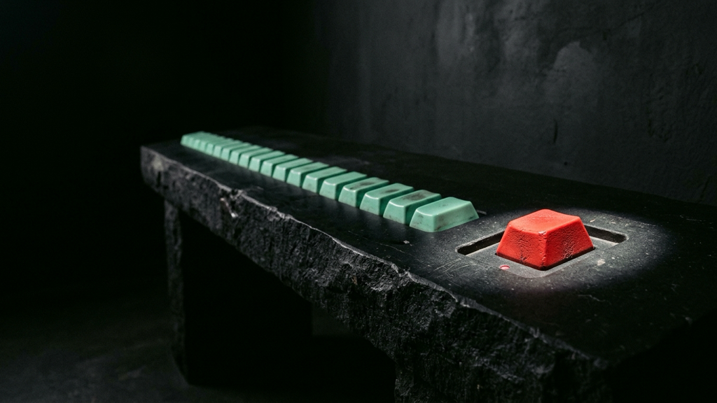 A row of small worn mint-green keys on a dark stone console, with one larger red key set apart under its own light.