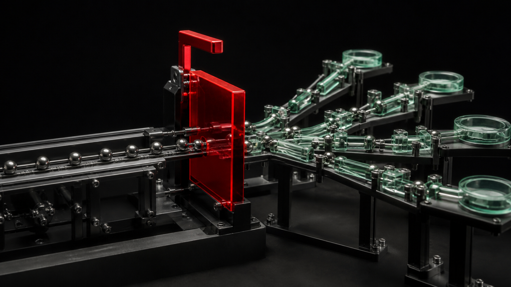 A red pause gate freezes a branching dark machine with mint-green actions suspended safely in place.