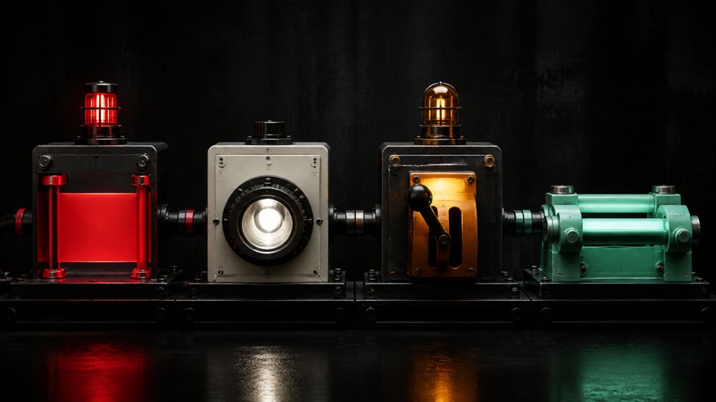 Four connected stations form a dark control line with a red gate, inspection lens, amber switch, and green restart rail.